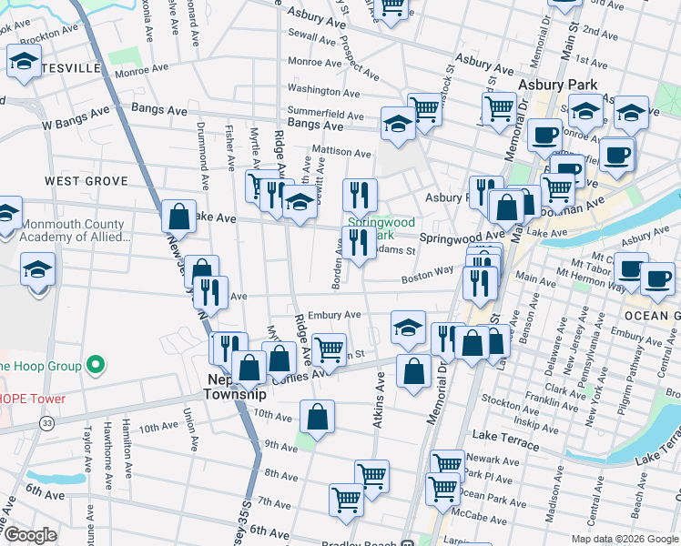 map of restaurants, bars, coffee shops, grocery stores, and more near 8 Borden Avenue in Asbury Park