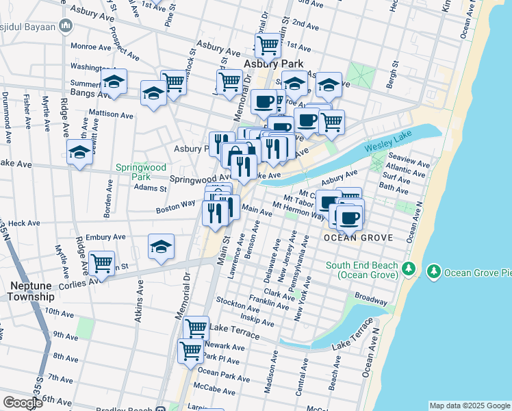 map of restaurants, bars, coffee shops, grocery stores, and more near 143 Main Avenue in Neptune Township