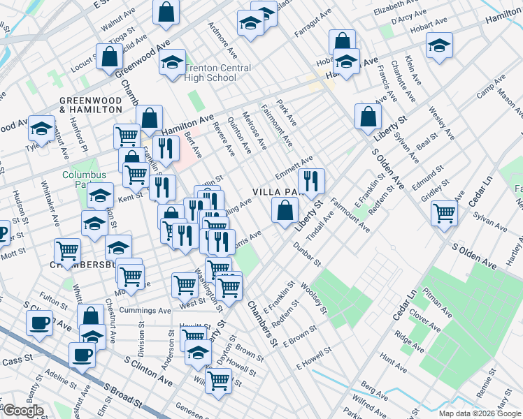 map of restaurants, bars, coffee shops, grocery stores, and more near 1031 Revere Avenue in Trenton