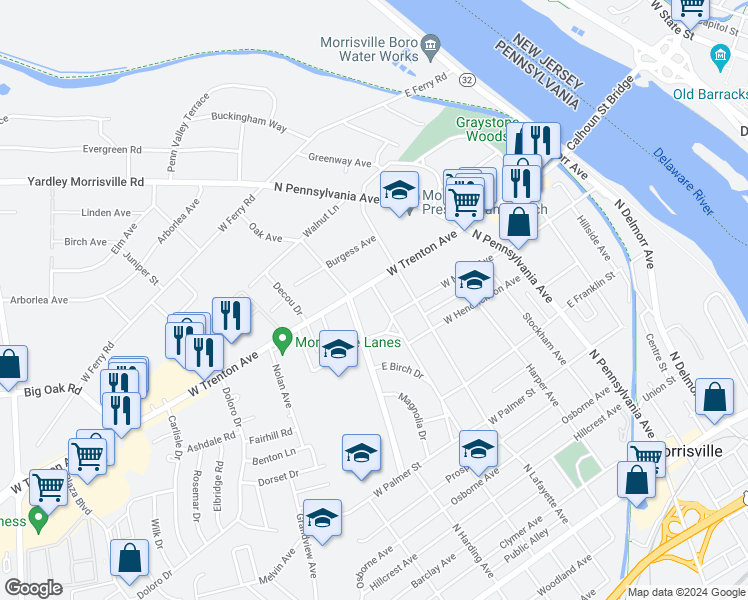map of restaurants, bars, coffee shops, grocery stores, and more near 619 Jefferson Avenue in Morrisville