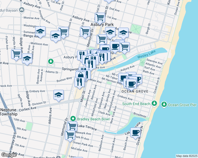 map of restaurants, bars, coffee shops, grocery stores, and more near 143 Main Avenue in Neptune Township