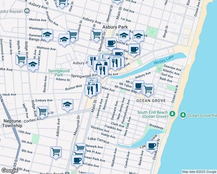 map of restaurants, bars, coffee shops, grocery stores, and more near 143 Main Avenue in Neptune Township