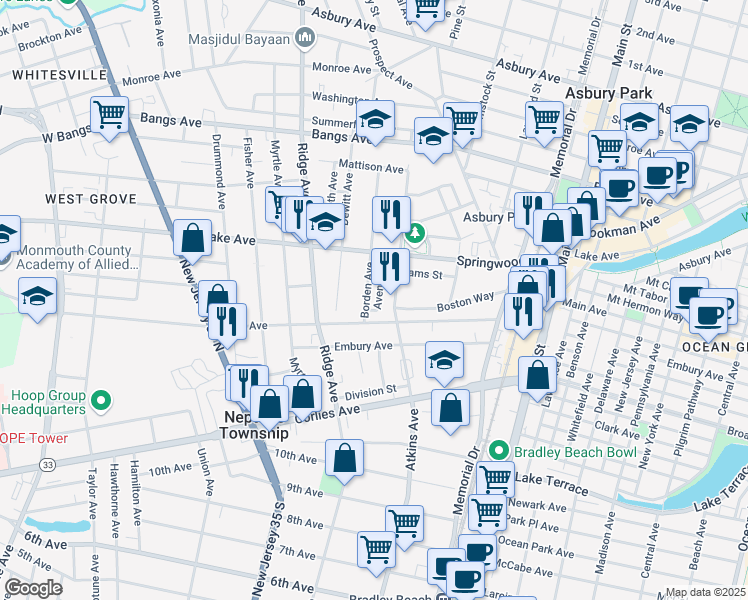 map of restaurants, bars, coffee shops, grocery stores, and more near 8 Borden Avenue in Asbury Park