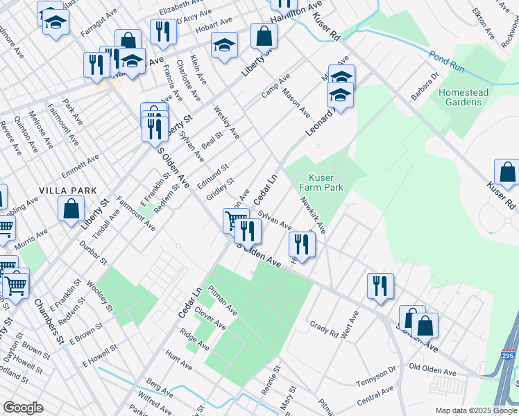 map of restaurants, bars, coffee shops, grocery stores, and more near 1375 Cedar Lane in Hamilton Township