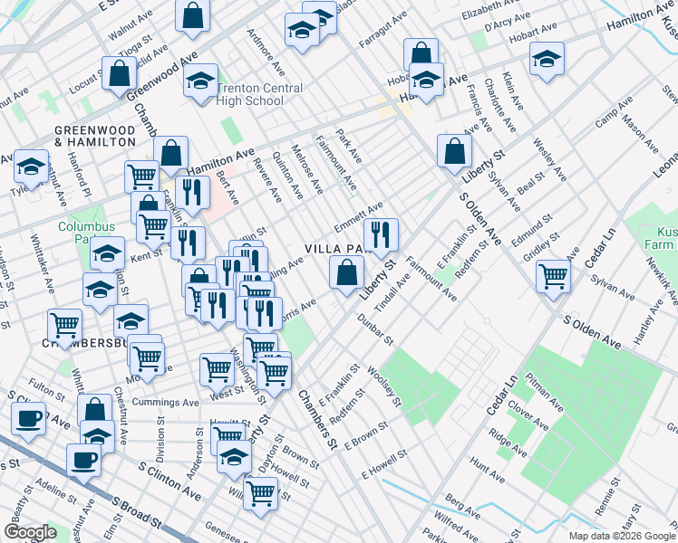 map of restaurants, bars, coffee shops, grocery stores, and more near 1031 Revere Avenue in Trenton