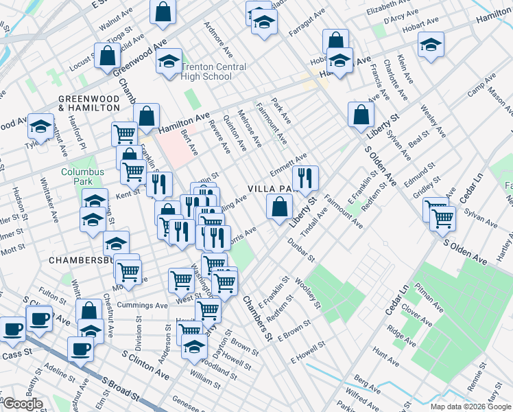 map of restaurants, bars, coffee shops, grocery stores, and more near 1031 Revere Avenue in Trenton