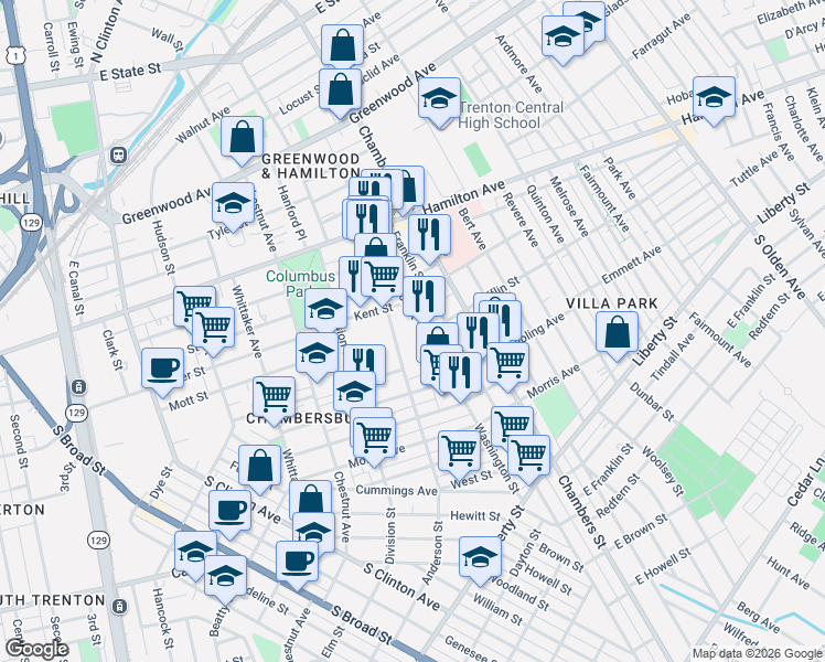 map of restaurants, bars, coffee shops, grocery stores, and more near 128 Anderson Street in Trenton
