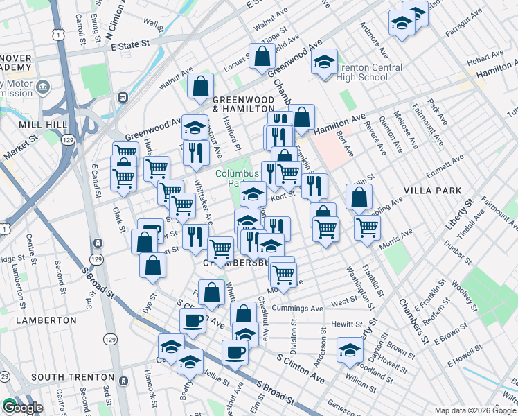 map of restaurants, bars, coffee shops, grocery stores, and more near 21 Kent Street in Trenton