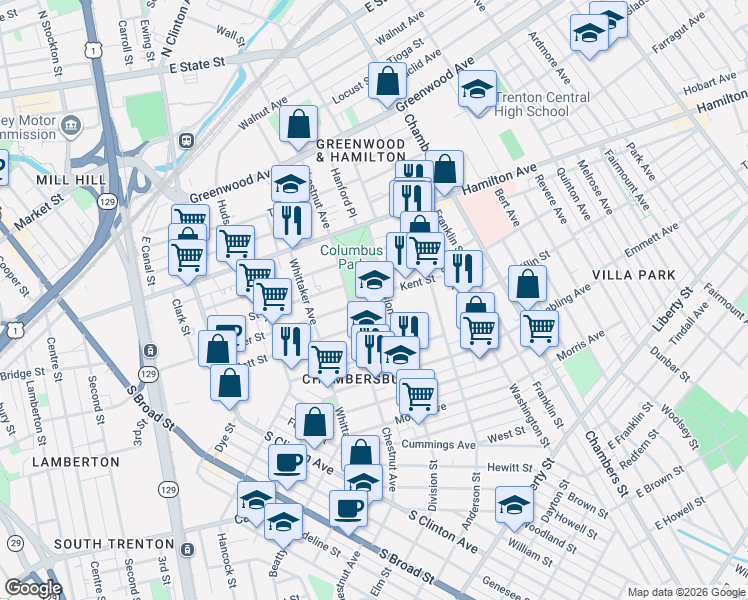map of restaurants, bars, coffee shops, grocery stores, and more near 21 Kent Street in Trenton
