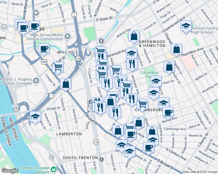 map of restaurants, bars, coffee shops, grocery stores, and more near 38 Bayard Street in Trenton