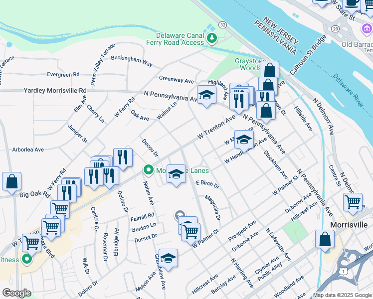 map of restaurants, bars, coffee shops, grocery stores, and more near 223 West Trenton Avenue in Morrisville