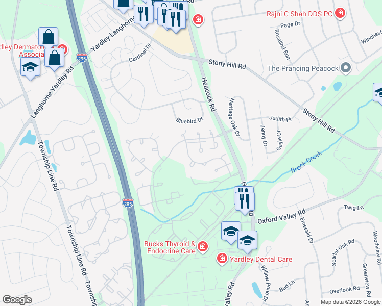 map of restaurants, bars, coffee shops, grocery stores, and more near 500 Aspen Woods Drive in Yardley