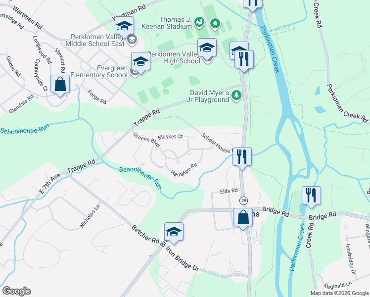 map of restaurants, bars, coffee shops, grocery stores, and more near 712 Bayonet Court in Collegeville
