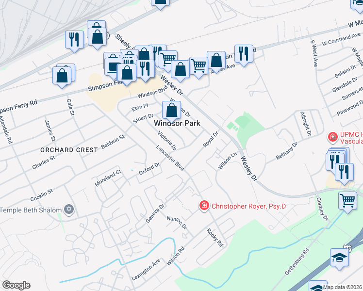 map of restaurants, bars, coffee shops, grocery stores, and more near 5222 Oxford Drive in Mechanicsburg