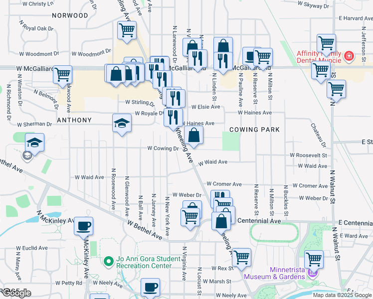 map of restaurants, bars, coffee shops, grocery stores, and more near in Muncie
