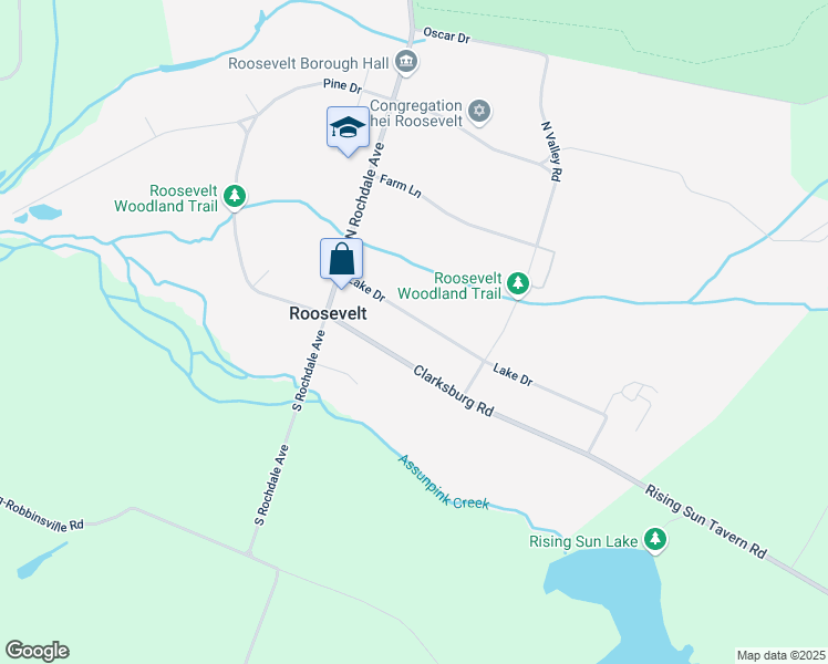 map of restaurants, bars, coffee shops, grocery stores, and more near 17 Lake Dr in Roosevelt