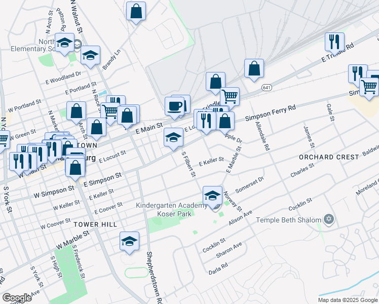 map of restaurants, bars, coffee shops, grocery stores, and more near 203 South Filbert Street in Mechanicsburg