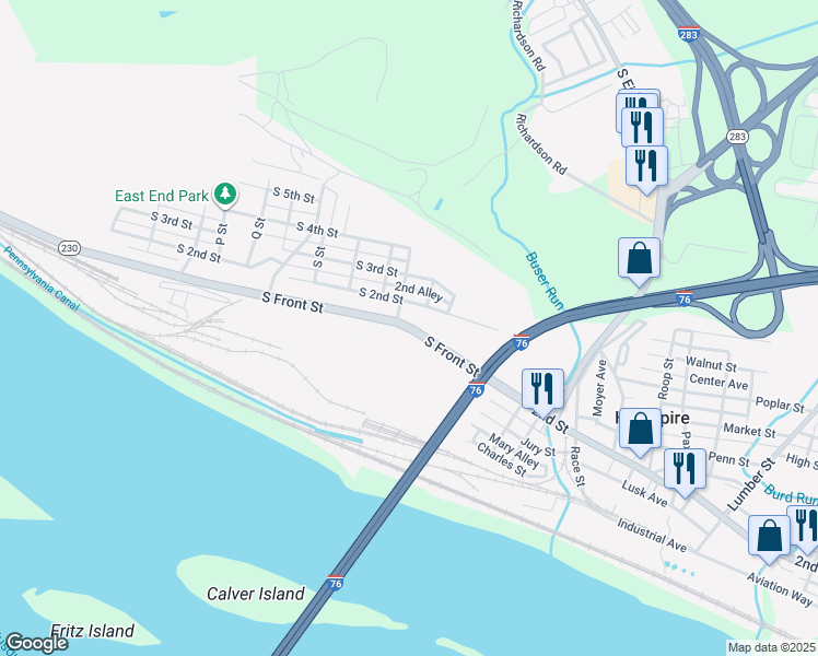 map of restaurants, bars, coffee shops, grocery stores, and more near South Front Street in Highspire
