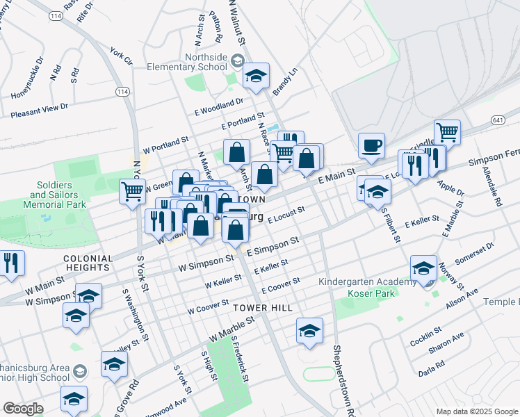 map of restaurants, bars, coffee shops, grocery stores, and more near 15 South Arch Street in Mechanicsburg