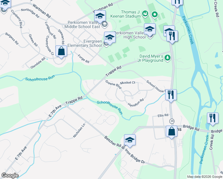 map of restaurants, bars, coffee shops, grocery stores, and more near 307 Ross Lane in Collegeville