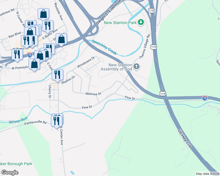 map of restaurants, bars, coffee shops, grocery stores, and more near 221 Melrose Drive in New Stanton