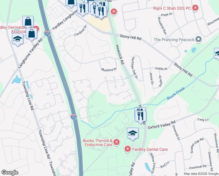map of restaurants, bars, coffee shops, grocery stores, and more near 500 Aspen Woods Drive in Yardley