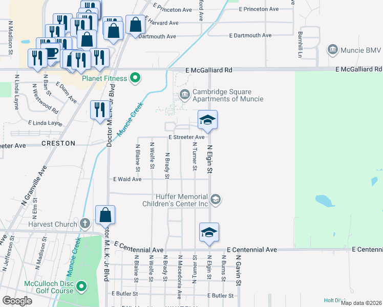 map of restaurants, bars, coffee shops, grocery stores, and more near 2308 North Turner Street in Muncie