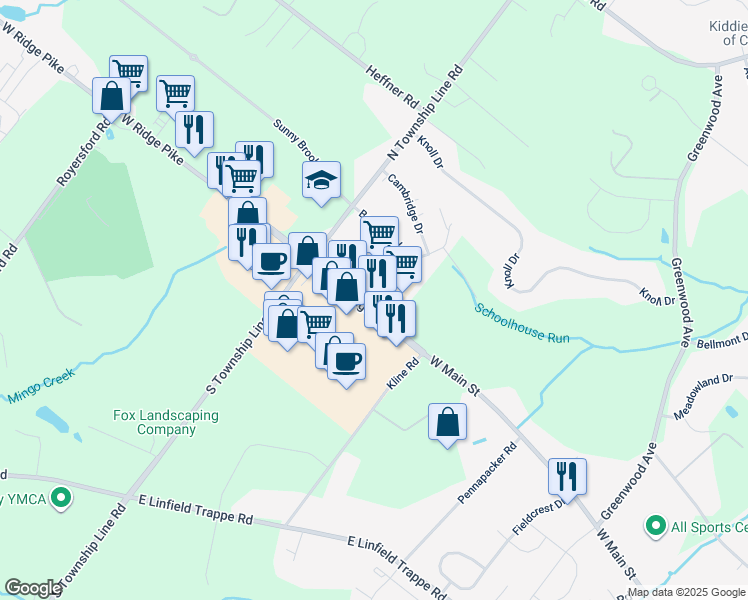 map of restaurants, bars, coffee shops, grocery stores, and more near 1833 East Ridge Pike in Royersford