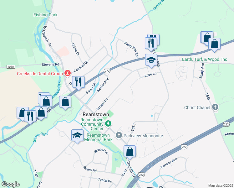 map of restaurants, bars, coffee shops, grocery stores, and more near 71 North Reamstown Road in Stevens