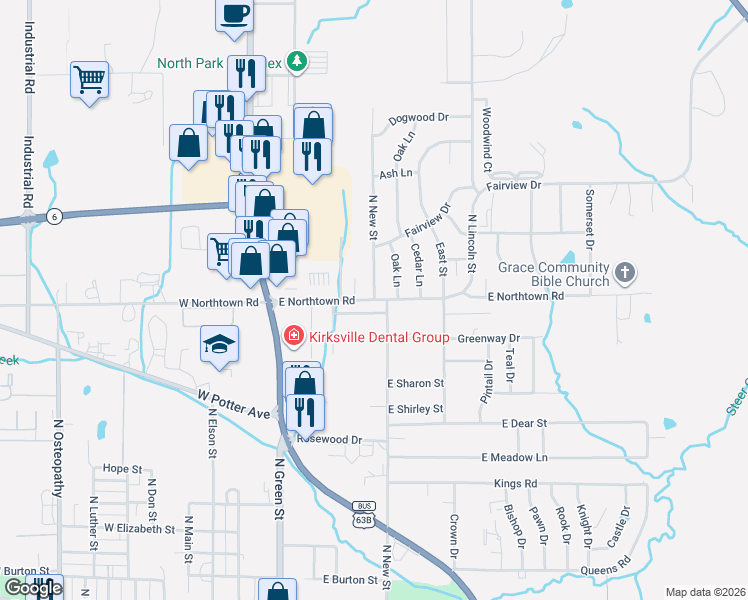 map of restaurants, bars, coffee shops, grocery stores, and more near 2100 North New Street in Kirksville