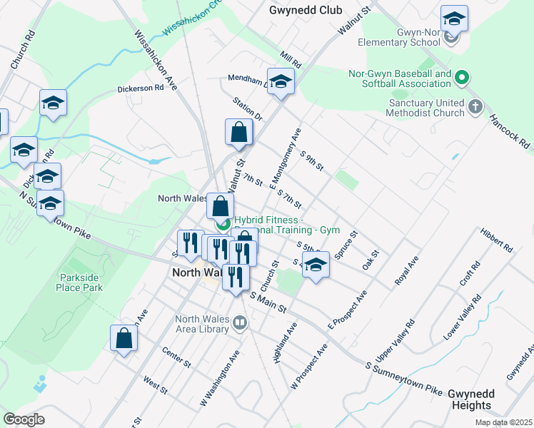 map of restaurants, bars, coffee shops, grocery stores, and more near 517 East Montgomery Avenue in North Wales