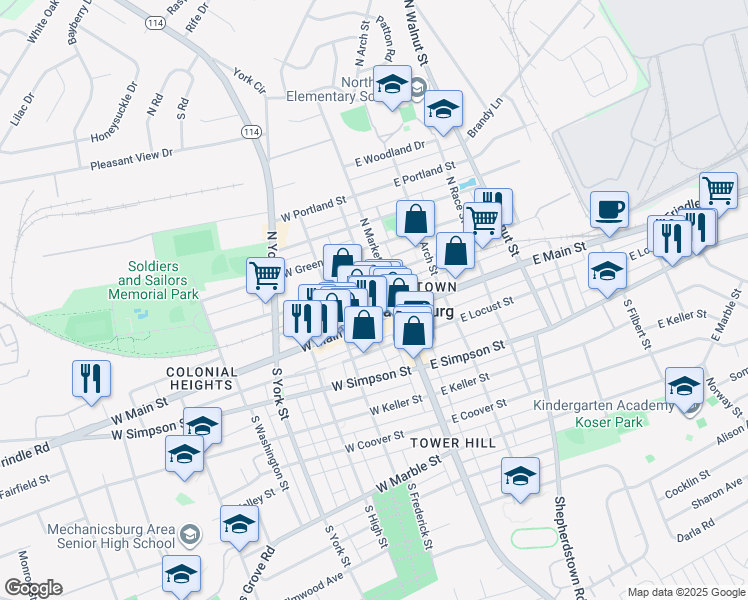 map of restaurants, bars, coffee shops, grocery stores, and more near in Mechanicsburg