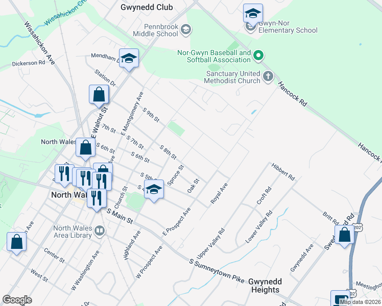 map of restaurants, bars, coffee shops, grocery stores, and more near 803 Spruce Street in North Wales