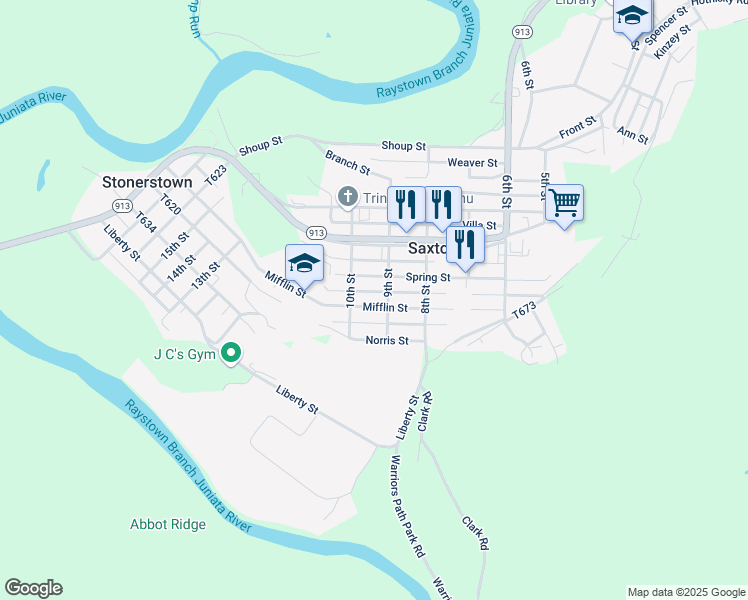 map of restaurants, bars, coffee shops, grocery stores, and more near 900-998 Mifflin Street in Saxton