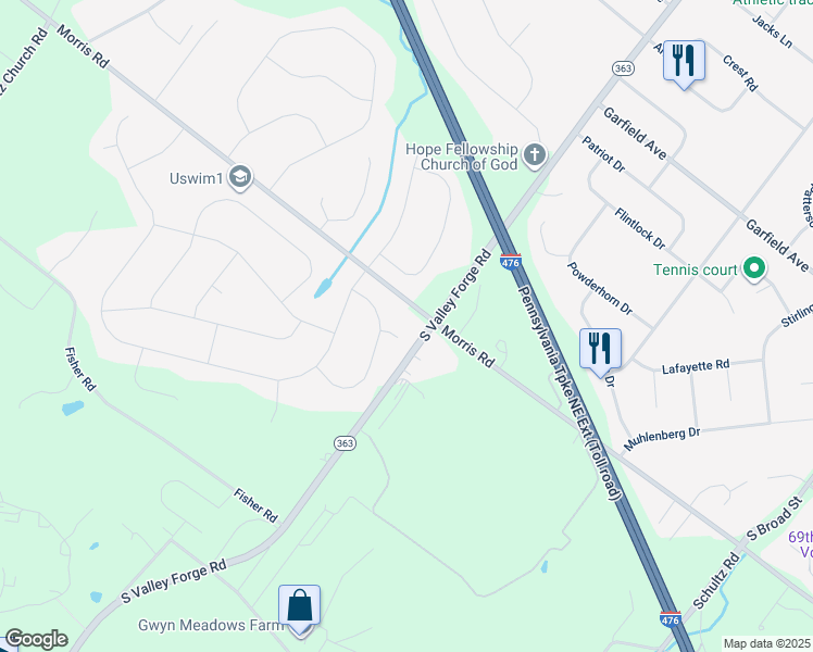 map of restaurants, bars, coffee shops, grocery stores, and more near 3003 Stuart Way in Lansdale