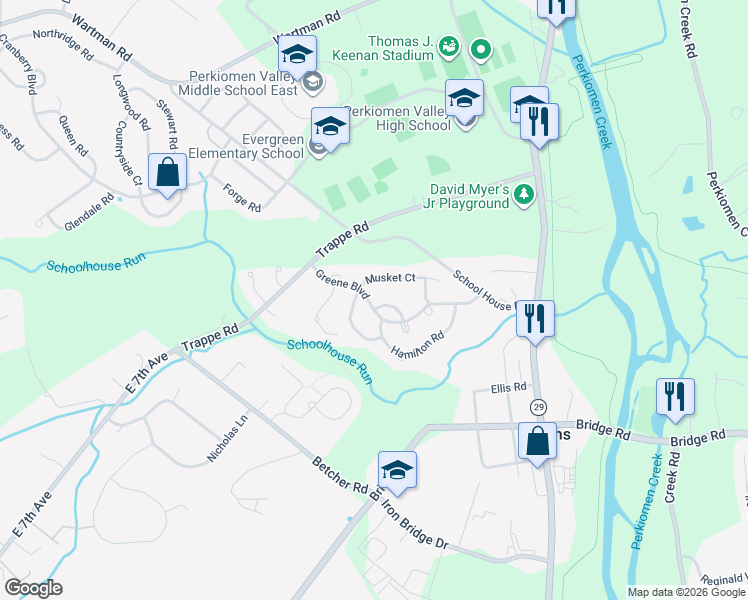 map of restaurants, bars, coffee shops, grocery stores, and more near 700 Bayonet Court in Collegeville