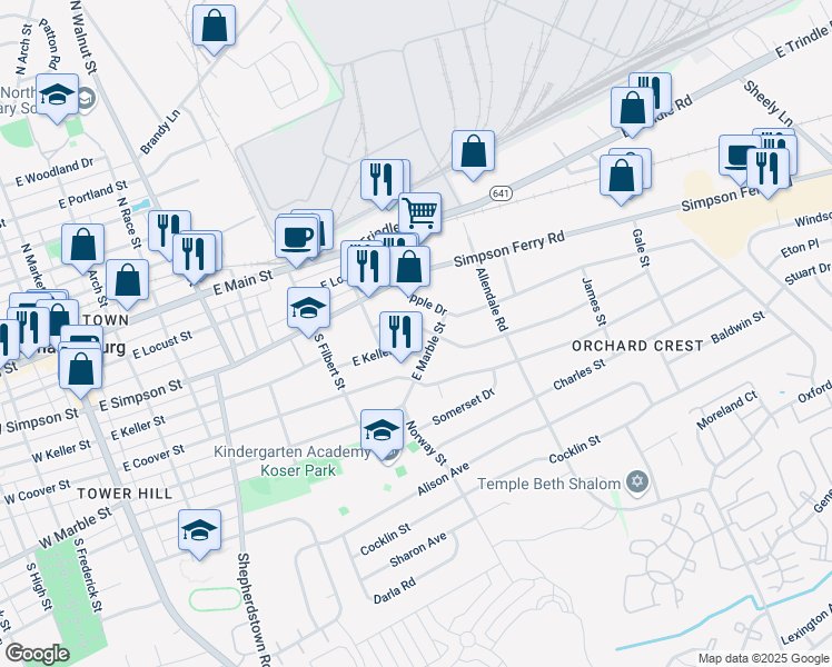 map of restaurants, bars, coffee shops, grocery stores, and more near 607 East Keller Street in Mechanicsburg