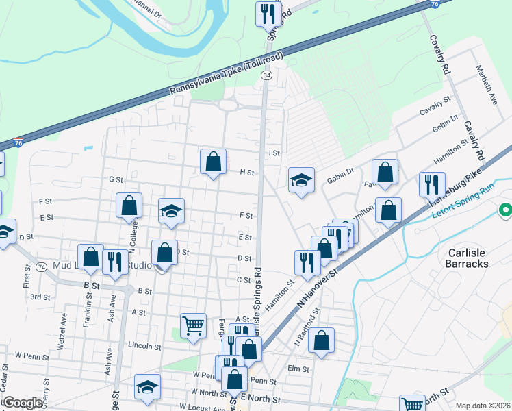 map of restaurants, bars, coffee shops, grocery stores, and more near 178 Carlisle Springs Road in Carlisle