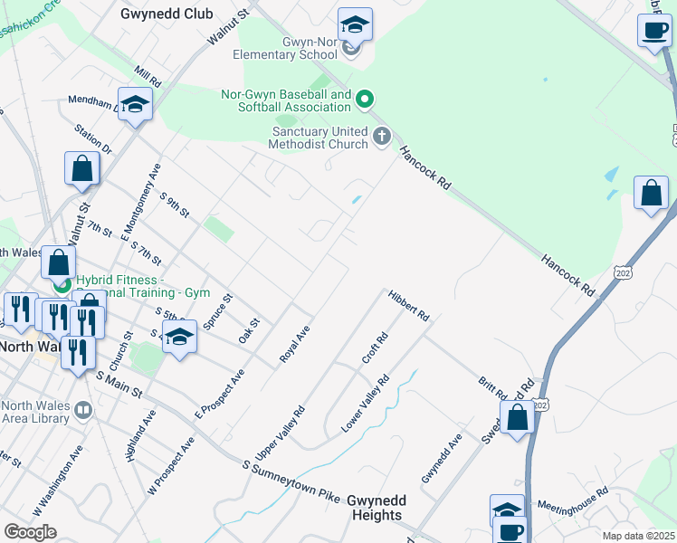 map of restaurants, bars, coffee shops, grocery stores, and more near 328 Royal Avenue in North Wales