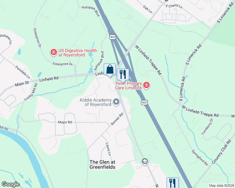 map of restaurants, bars, coffee shops, grocery stores, and more near 543 North Lewis Road in Royersford
