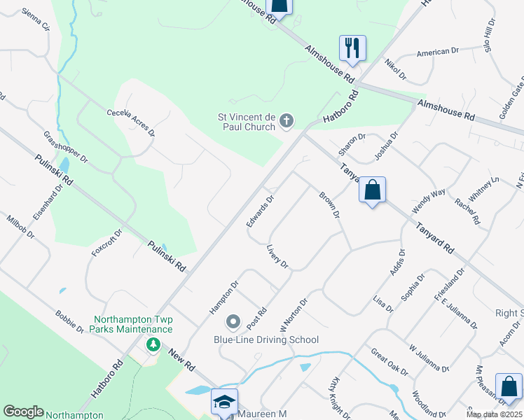 map of restaurants, bars, coffee shops, grocery stores, and more near 148 Edwards Drive in Southampton