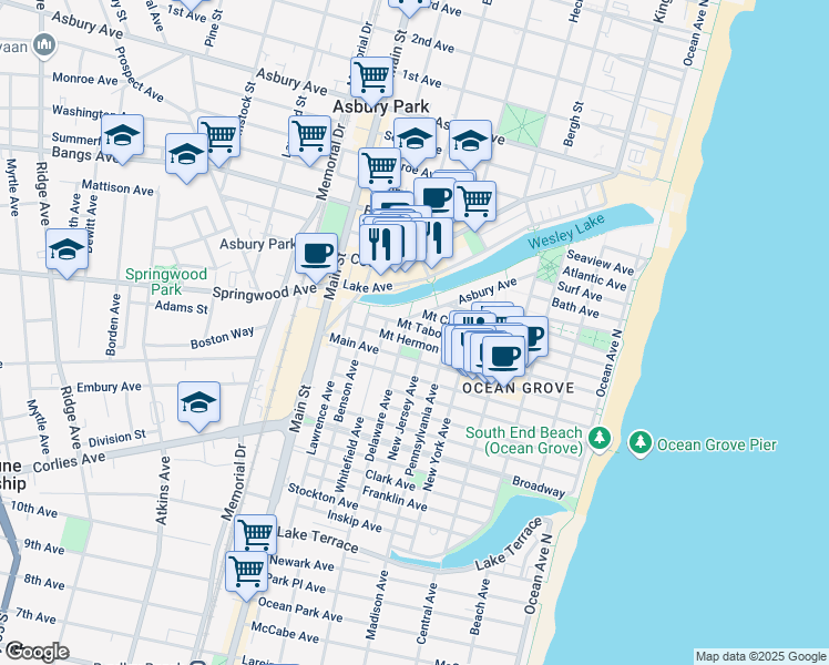 map of restaurants, bars, coffee shops, grocery stores, and more near 38 New Jersey Avenue in Monmouth County