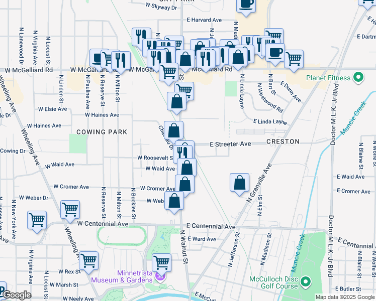 map of restaurants, bars, coffee shops, grocery stores, and more near 121 East Streeter Avenue in Muncie