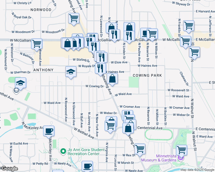 map of restaurants, bars, coffee shops, grocery stores, and more near in Muncie
