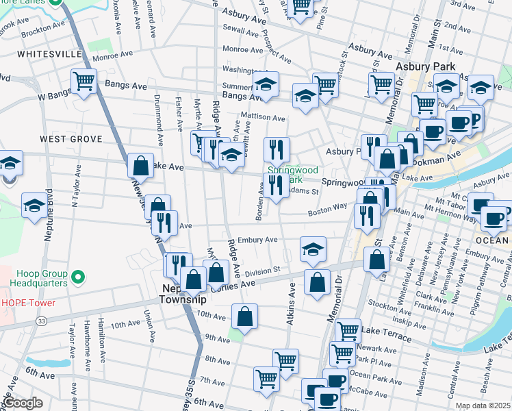 map of restaurants, bars, coffee shops, grocery stores, and more near 8 Borden Avenue in Asbury Park