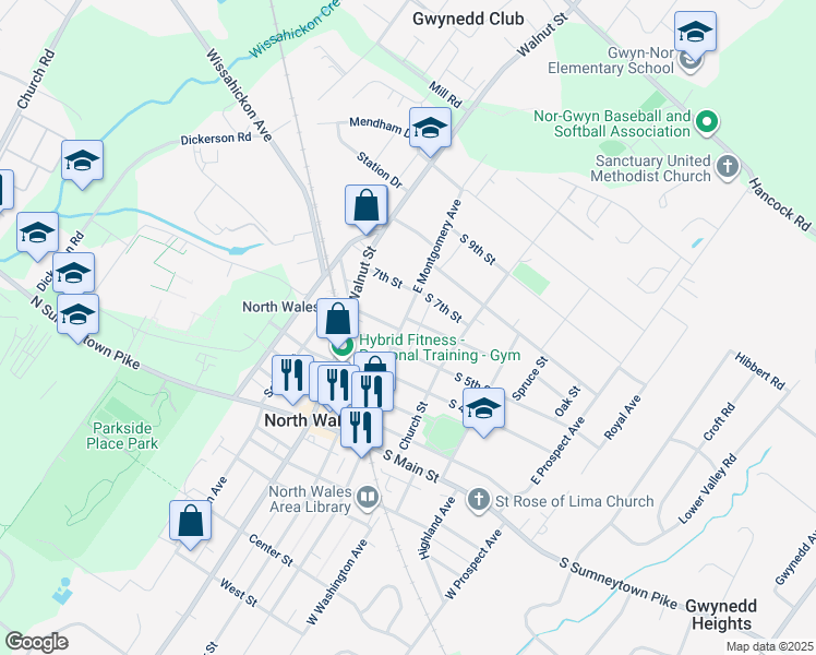 map of restaurants, bars, coffee shops, grocery stores, and more near 519 East Montgomery Avenue in North Wales