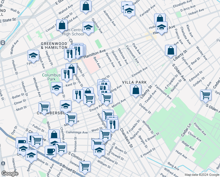 map of restaurants, bars, coffee shops, grocery stores, and more near 347 Bert Avenue in Trenton