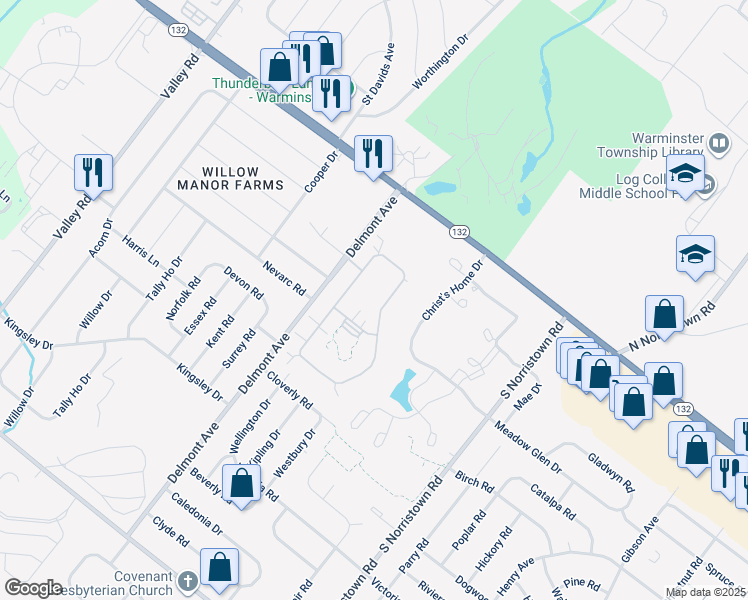 map of restaurants, bars, coffee shops, grocery stores, and more near 130 Fairway Drive in Warminster