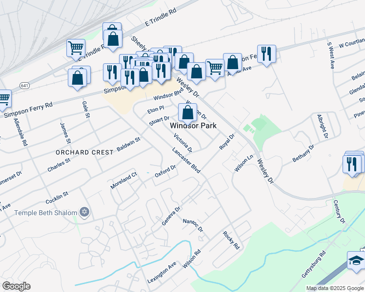 map of restaurants, bars, coffee shops, grocery stores, and more near 128 Victoria Drive in Mechanicsburg