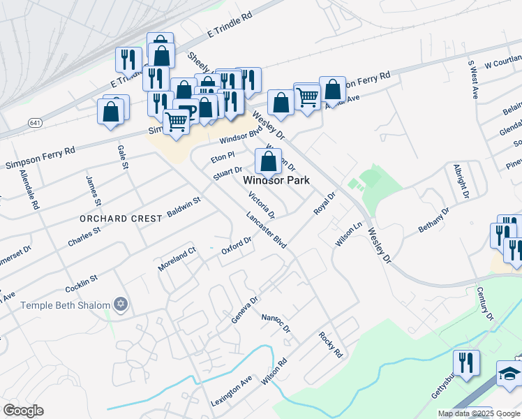 map of restaurants, bars, coffee shops, grocery stores, and more near 128 Victoria Drive in Mechanicsburg